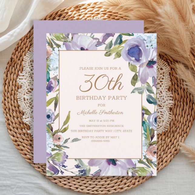 Convite Elegante Lilac Purple Floral aniversário de 30 ano (Elegant purple watercolor floral 30th birthday party invitation)