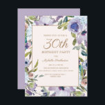 Convite Elegante Lilac Purple Floral aniversário de 30 ano<br><div class="desc">Convite de festas de cor de água botânica,  floral e púrpura,  bonito e elegante,  num fundo creme/branco.</div>