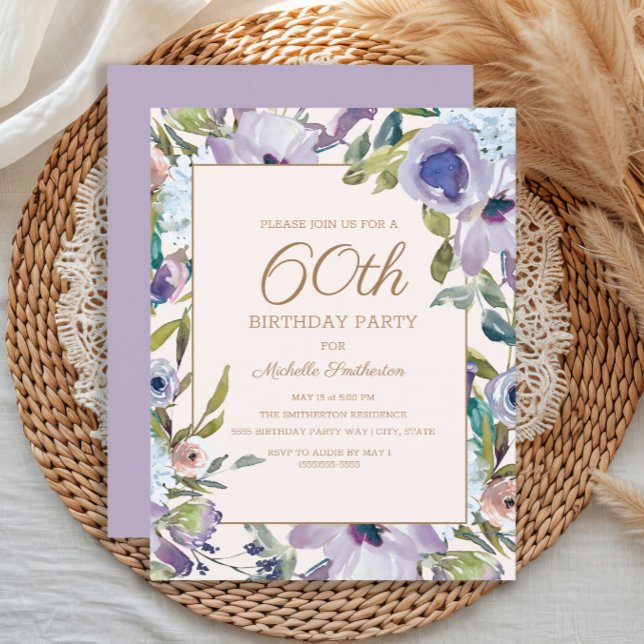 Convite Elegante Lilac Purple Floral Greenery 60º Aniversá (Elegant purple watercolor floral 60th birthday party invitation)