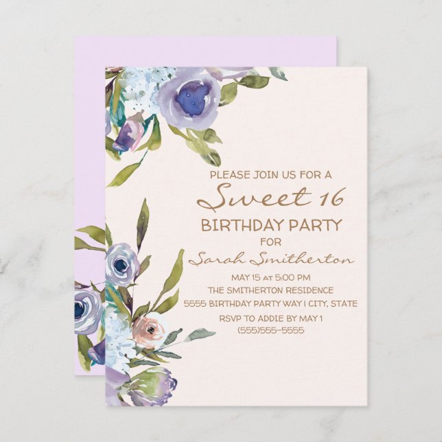 Convite Elegante Lilac Purple Floral Greenery Sweet 16 (Frente/Verso)