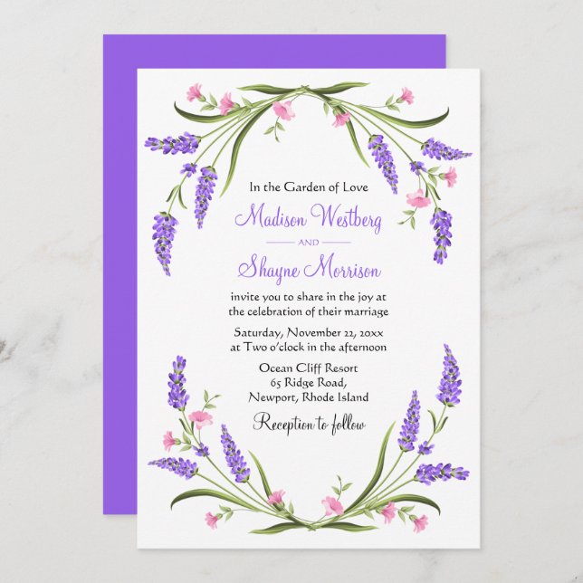 Convite Elegante Lilacs Watercolor Purple Floral Casamento (Frente/Verso)