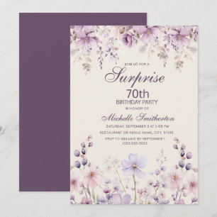 Convite Elegante Lilás Roxo Aquarela Floral 70º