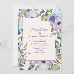 Convite Elegante Lilás Roxo Azul Floral Casamento