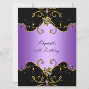 Convite Elegante Lilás Roxo Dourado Floral Aniversário
