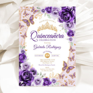 Convite Elegante Lilás Roxo Dourado Floral Quinceanera