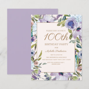 Convite Elegante Lilás Roxo Floral 100º Aniversário