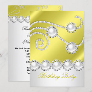 Convite Elegante Limão Branco Jóias Diamantes Festa de Ani