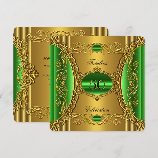 Convite Elegante Limão Verde Dourado Fabuloso 50º Aniversá (Frente/Verso)