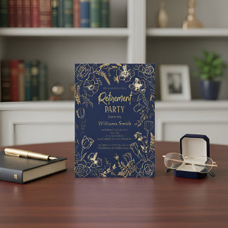 Convite Elegante Linha de Arte Floral Azul Naval Dourada A