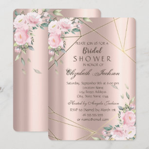 Convite Elegante Linhas Flores Rosa Chá de panela Dourado