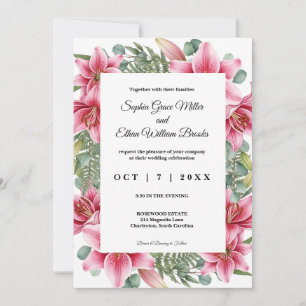 Convite Elegante Lírio Rosa Floral Eucalipto Casamento