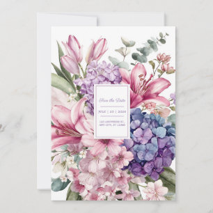 Convite Elegante Lírio Rosa Hortênsia Azul Aquarela Floral
