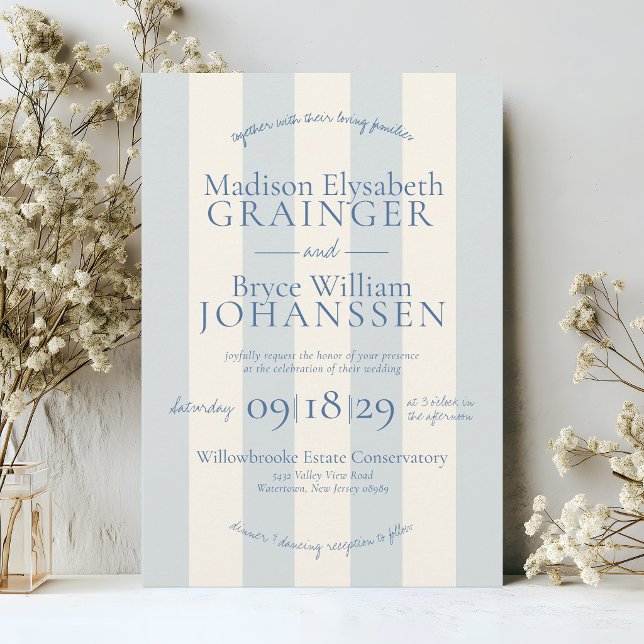 Convite Elegante Listras Azuis Clássico Simples Casamento (Elegant Dusty Blue and Ivory Beige Stripes Classic Simple Coastal Chic Modern Wedding Invitation)