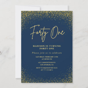 Convite Elegante Luxo Azul Dourado Brilho 41º aniversário