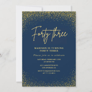 Convite Elegante Luxo Azul Dourado Brilho 43º aniversário