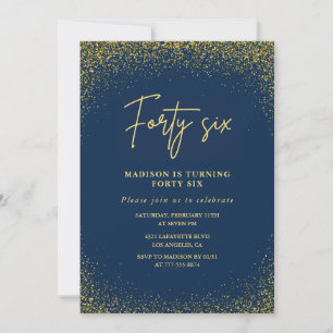 Convite Elegante Luxo Azul Dourado Brilho 46º aniversário