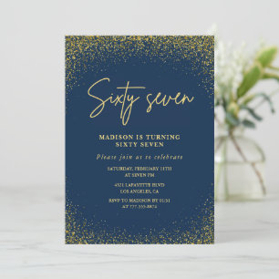Convite Elegante Luxo Azul Dourado Brilho 67º aniversário
