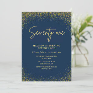 Convite Elegante Luxo Azul Dourado Brilho 71º aniversário