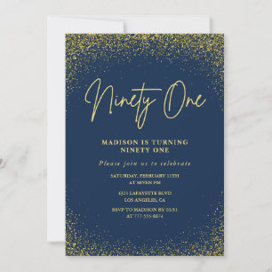 Convite Elegante Luxo Azul Dourado Brilho 91º aniversário