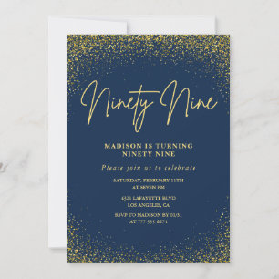 Convite Elegante Luxo Azul Dourado Brilho 99º aniversário