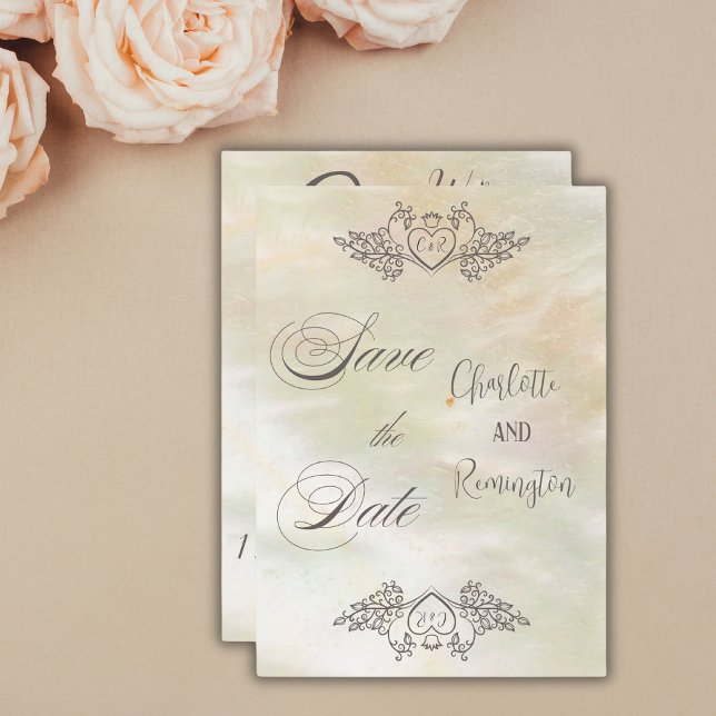 Convite Elegante Mãe-de-Pérola Pêssego Save the Date  (Criador carregado)