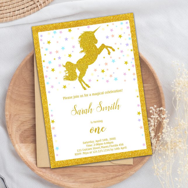 Convite Elegante Magical Party Convide com Detalhe de Apar (Golden Unicorn Birthday Invitations)
