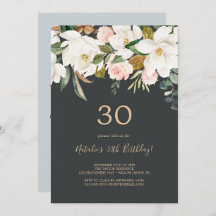 Convite Elegante Magnolia   aniversário de 30 anos preto e