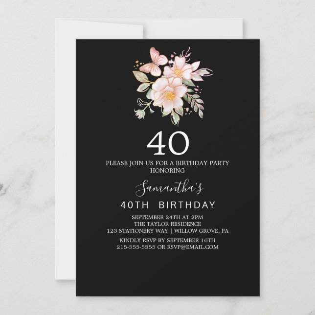 Convite Elegante Magnolia | aniversário de 40 anos preto e (Frente)