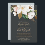 Convite Elegante Magnolia | Bat Mitzvah preto e branco<br><div class="desc">Este elegante convite de Bat Mitzvah preto e branco magnólia preto é perfeito para um morcego moderno. O moody floral design apresenta uma cor d'água,  cor rosa pincelada,  impressionantes flores brancas de magnólia e algodão com ouro e folhas verdes num arranjo luxuoso sobre fundo escuro.</div>