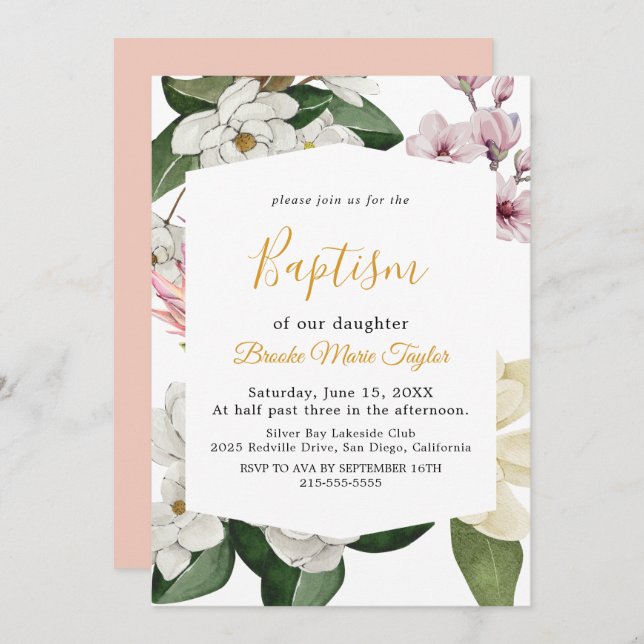 Convite Elegante Magnolia | Batismo branco e esmagador (Frente/Verso)