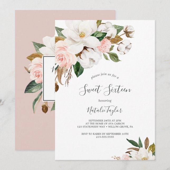 Convite Elegante Magnolia | Branco e Blush Sweet 16 (Frente/Verso)