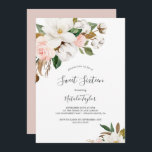 Convite Elegante Magnolia | Branco e Blush Sweet 16<br><div class="desc">Este elegante convite branco de magnólia e brilhante de dezesseis é perfeito para um evento clássico moderno. O design floral suave apresenta coloração aquosa, cor-de-rosa pincelada, impressionantes flores brancas de magnólia e algodão, com ouro e folhas verdes, num arranjo luxuoso. Personalize o verso do cartão com o nome do convidado...</div>