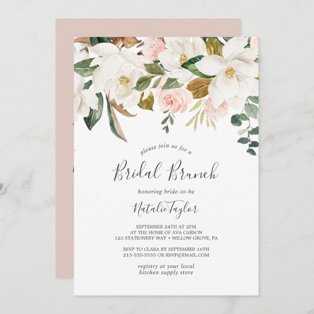 Convite Elegante Magnolia | Brunch Bridal Branca e Blush (Frente/Verso)