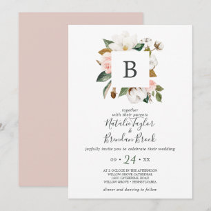 Convite Elegante Magnolia Casamento por Monograma Branco