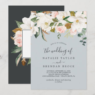 Convite Elegante Magnolia Cinzas Azuis Casamento De