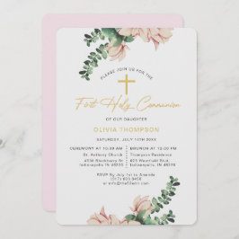 Convite Elegante Magnolia Floral Blush Primeira Comunhão