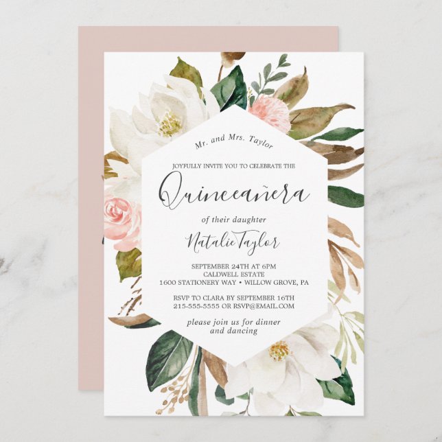 Convite Elegante Magnolia | Quinceañera branca e esmagador (Frente/Verso)