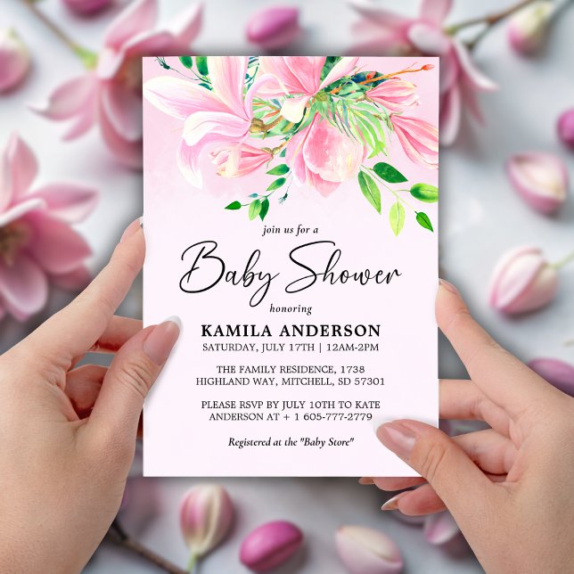 Convite Elegante Magnolia Rosa Chá de fraldas de Aquarela (Elegant Pink Magnolia Watercolor Baby Shower Invitation)