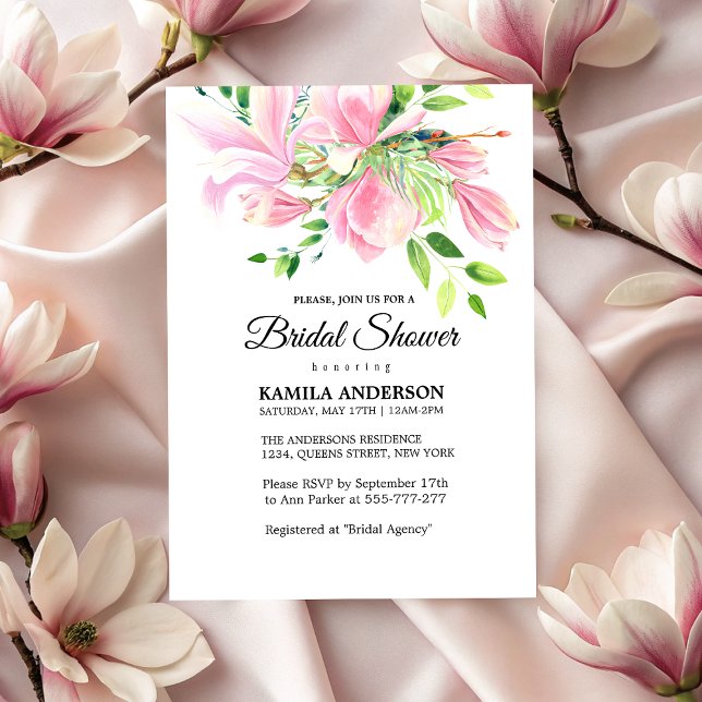Convite Elegante Magnolia Rosa Chá de panela de Aquarela (Elegant Pink Magnolia Watercolor Bridal Shower Invitation)