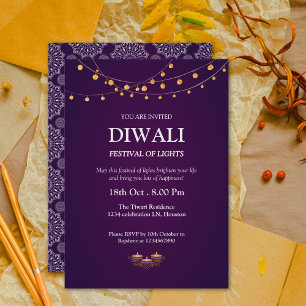 Convite Elegante Mandala Pattern Diyas Purple Diwali Party