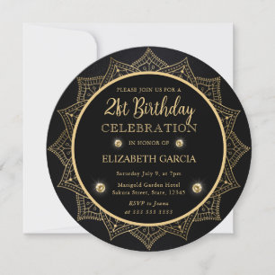 Convite Elegante Mandala Preto e Dourado Aniversário de 21