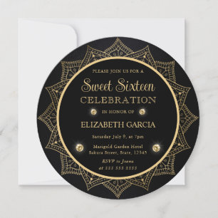 Convite Elegante Mandala Preto e Dourado Sweet Sixteen