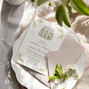 Convite Elegante Mansão em Aquarela Casamento Rococó