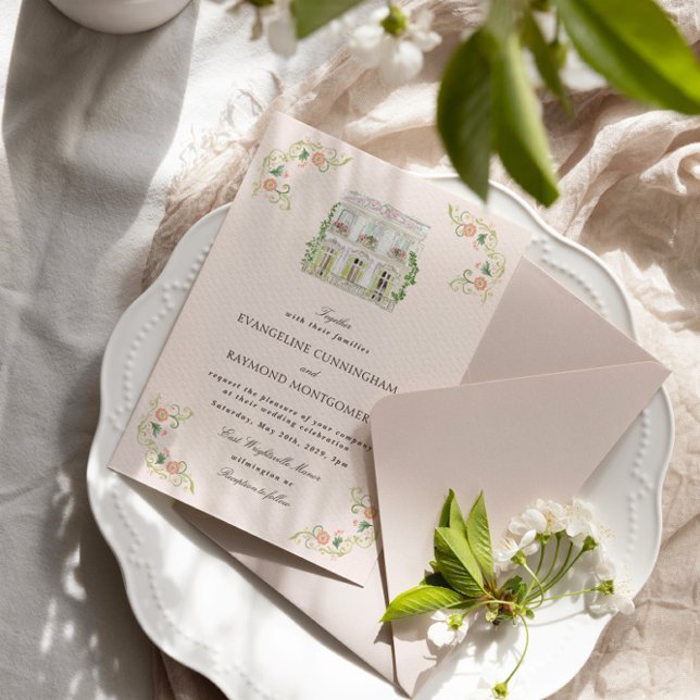 Convite Elegante Mansão em Aquarela Casamento Rococó (Criador carregado)