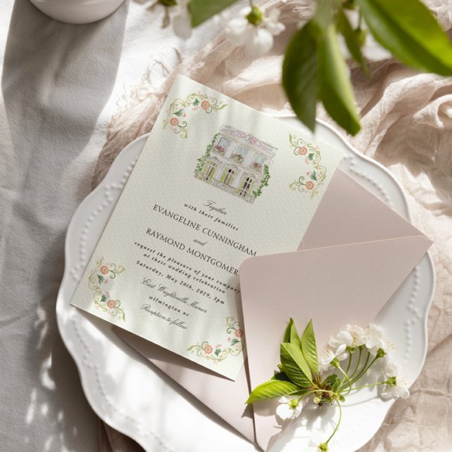 Convite Elegante Mansão em Aquarela Casamento Rococó (Criador carregado)