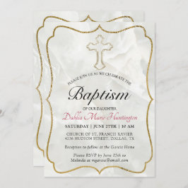 Convite Elegante Marble Dourado Baby Girls Baptism