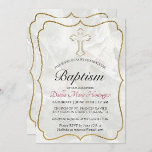 Convite Elegante Marble Dourado Baby Girls Baptism