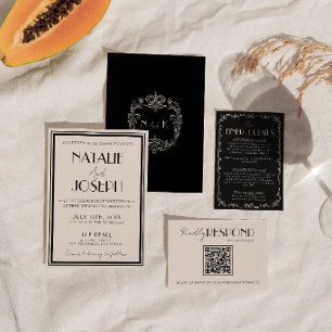 Convite Elegante Marfim Preto Luxo Antigo Dinheiro Retro C