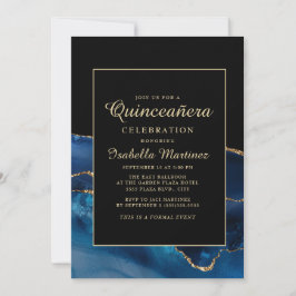 Convite Elegante Marinho Azul Agato Dourado Marble Quincea