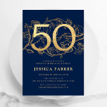 Convite Elegante Marinho Azul Dourado 50º aniversário<br><div class="desc">Marinho Elegante,  convite de aniversário azul 50º. Design feminina moderna personalizável,  com sotaques botânicos rosas e ouro brilhante falso. Simples cartão de convite floral perfeito para uma comemoração de um na moda. Personalize com seus próprios detalhes. Impressos convites Zazzle ou modelo de impressão digital instantânea para download.</div>